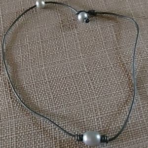 New Handmade Silver Pearl & Charcoal Leather Necklace
